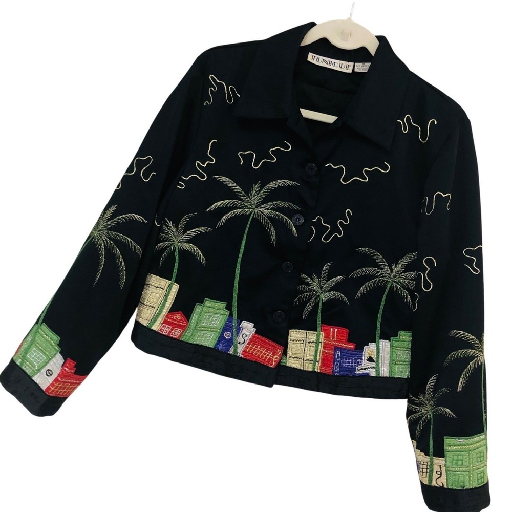 Vintage Tunique Crop Jacket Artsy Statement Palm Tree Cityscape Resort Women M